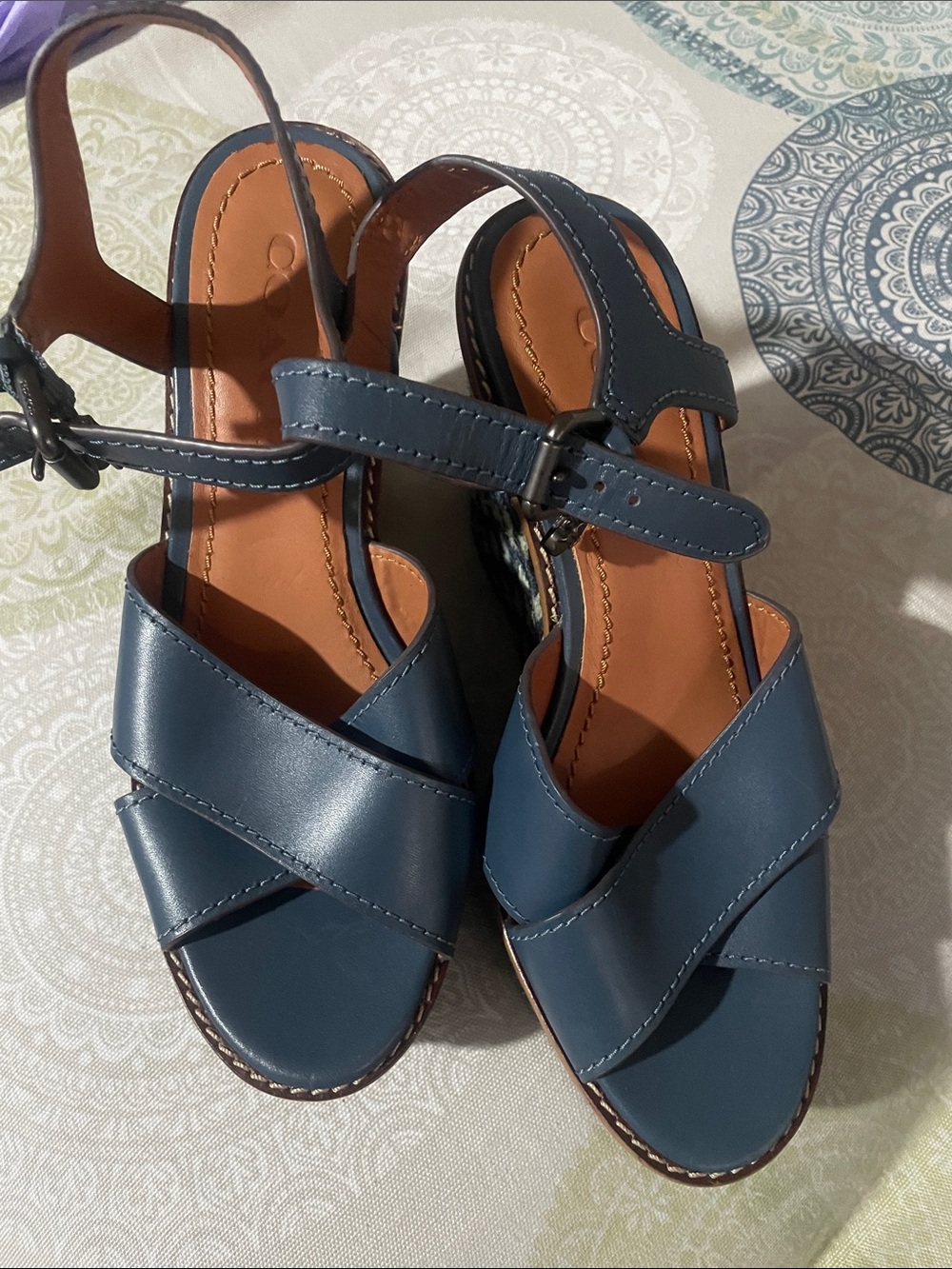 Coach Blue Leather Cross-Strap Wedge Sandals with Ankle Buckle